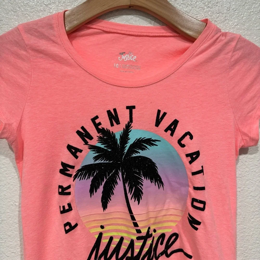 Kids Justice Girls Orange Black Permanent Vacation Palm Tree Graphic T-Shirt L